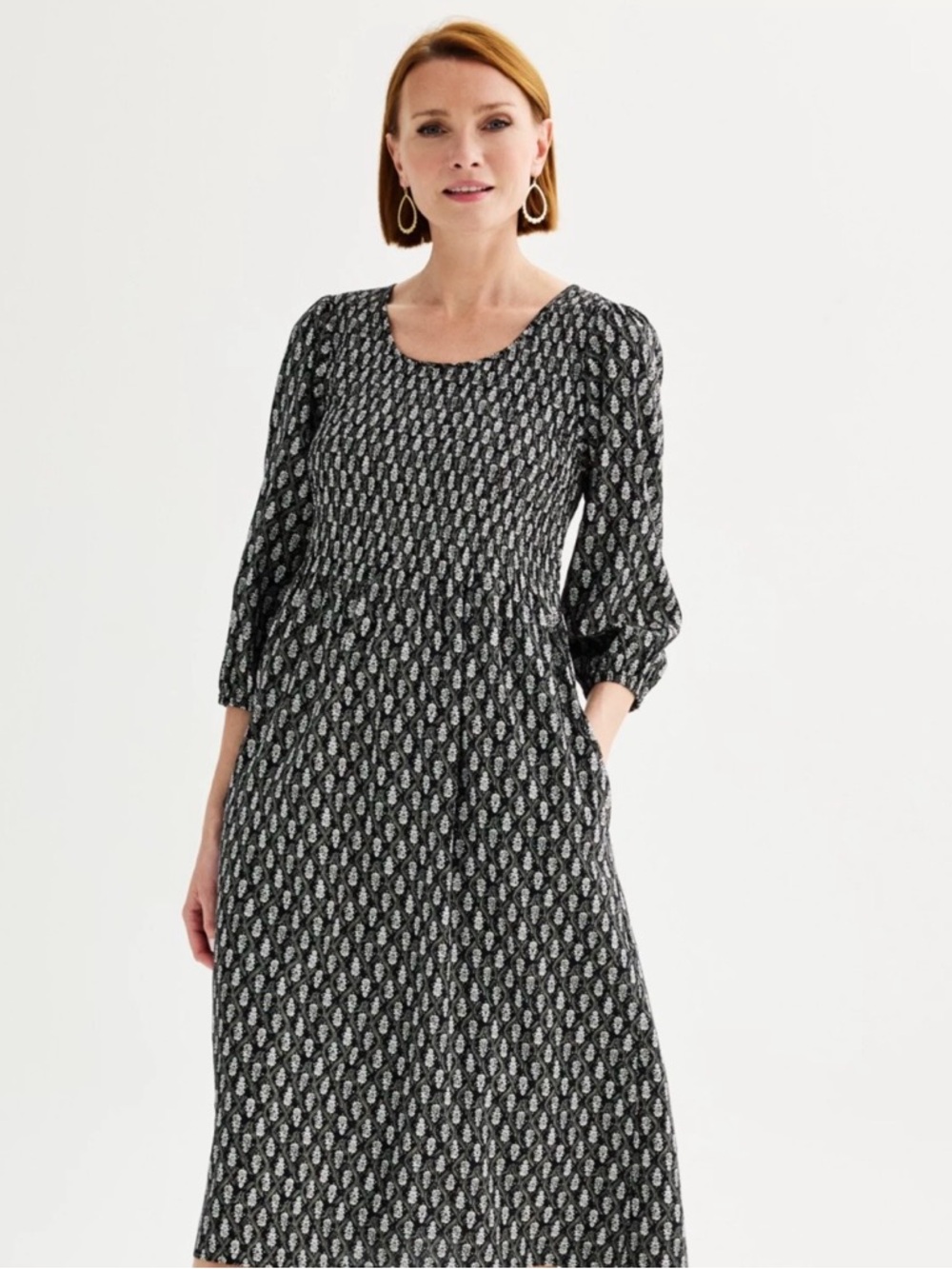 croft & barrow Black Patterned Long-Sleeve Smocked Midi Dress